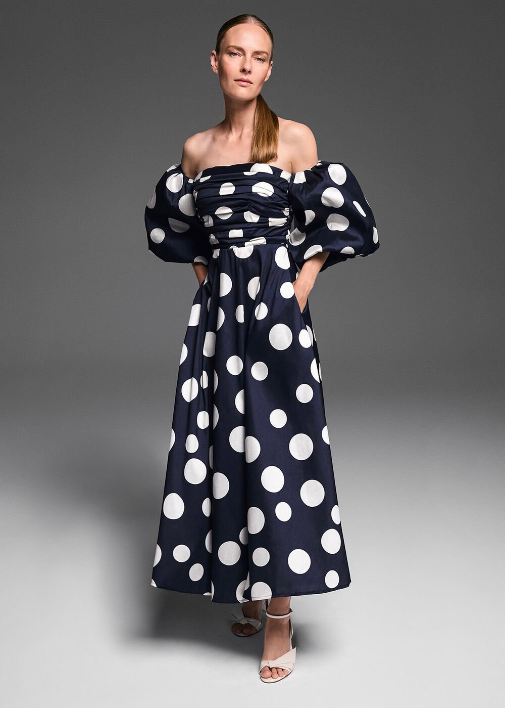 Marilyn Puff Sleeve Polka Dot Maxi Dress Navy