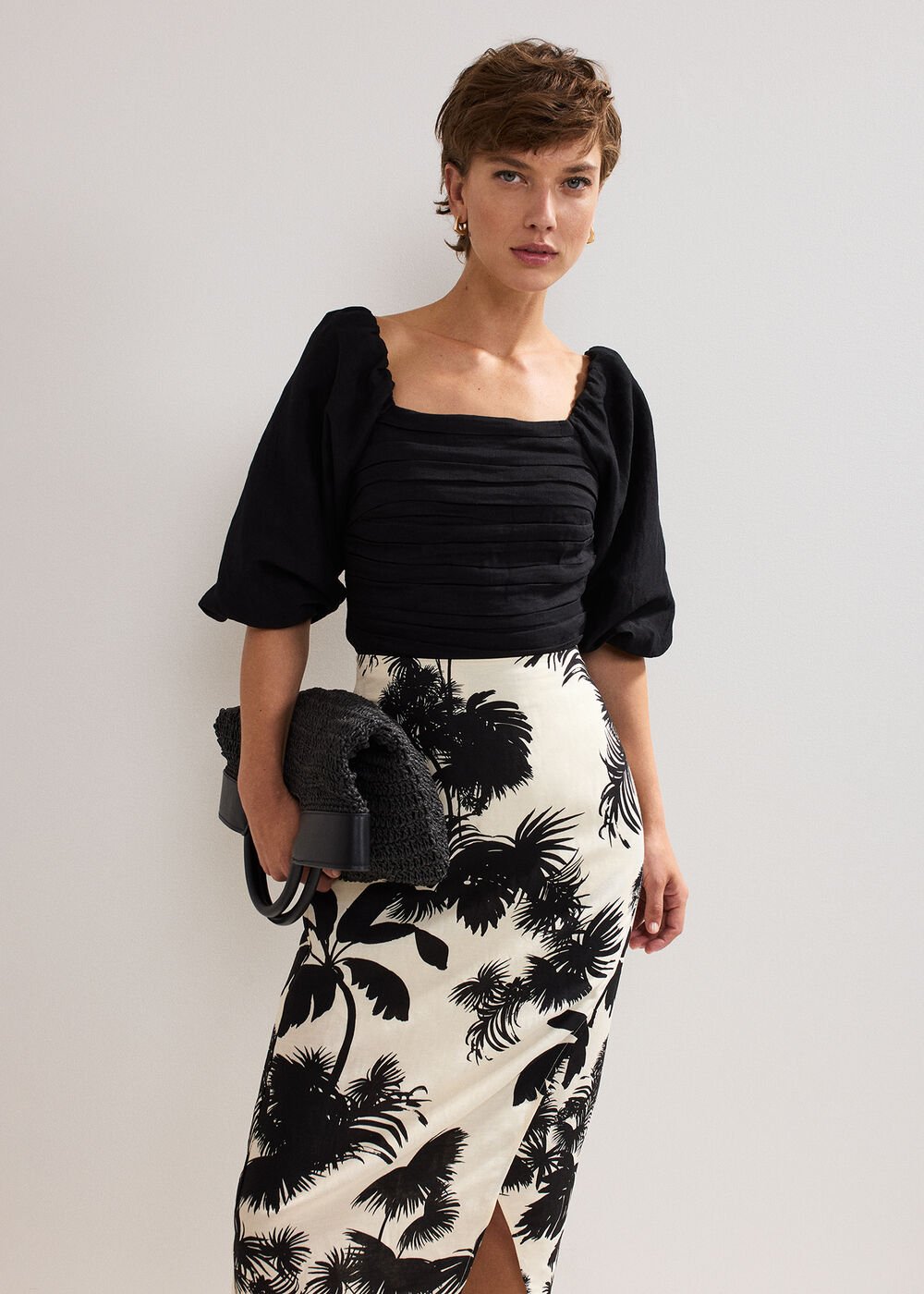 Vittoria Linen Blend Leaf Print Skirt Black/Ivory