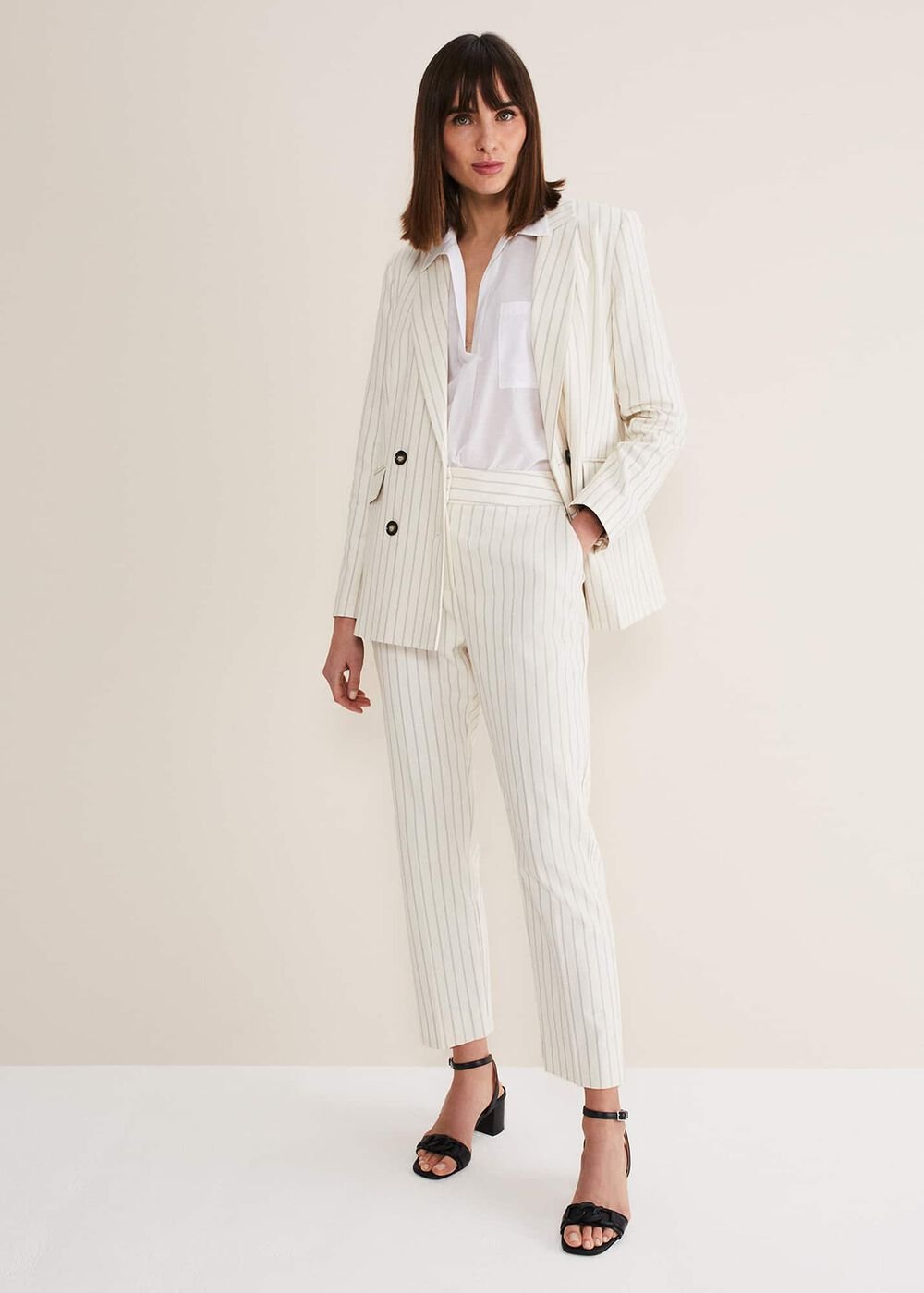 Ariella Pinstripe Straight Leg Trousers Black/Ecru