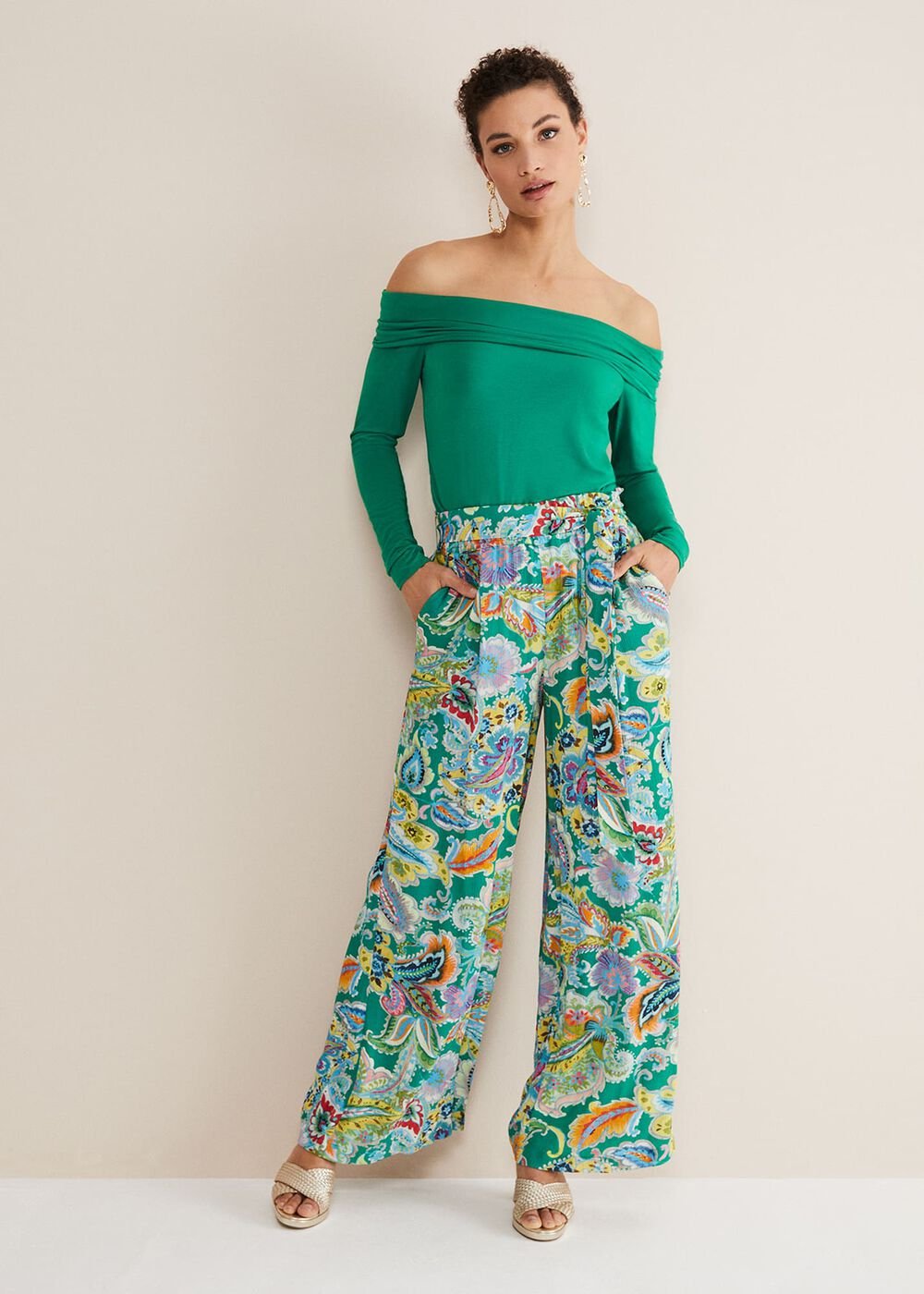 Paisley Wide Leg Trousers Green Multi