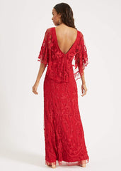 Aviana Tapework Lace Maxi Dress Red