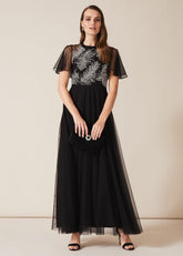 Loretta Feather Embroidered Dress Black