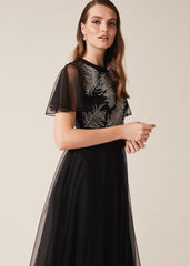 Loretta Feather Embroidered Dress Black