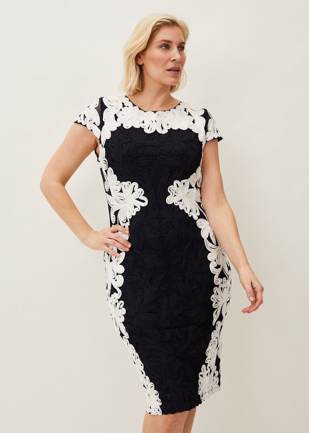 Nori Tapework Lace Fitted Dress Navy/Ivory