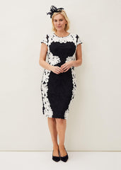 Nori Tapework Lace Fitted Dress Navy/Ivory