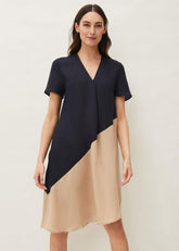Doty Colourblock Linen-Blend Swing Dress Navy/Stone