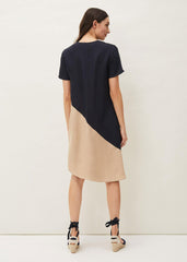 Doty Colourblock Linen-Blend Swing Dress Navy/Stone