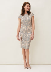 Genevieve Tapework Lace Dress Oyster/Navy