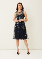 Esmeralda Embroidered Fit & Flare Dress Navy/Multi