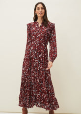 Helen Abstract Feather Print Midaxi Dress Burgundy