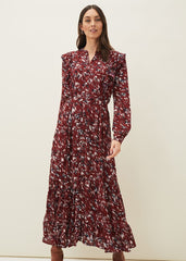 Helen Abstract Feather Print Midaxi Dress Burgundy