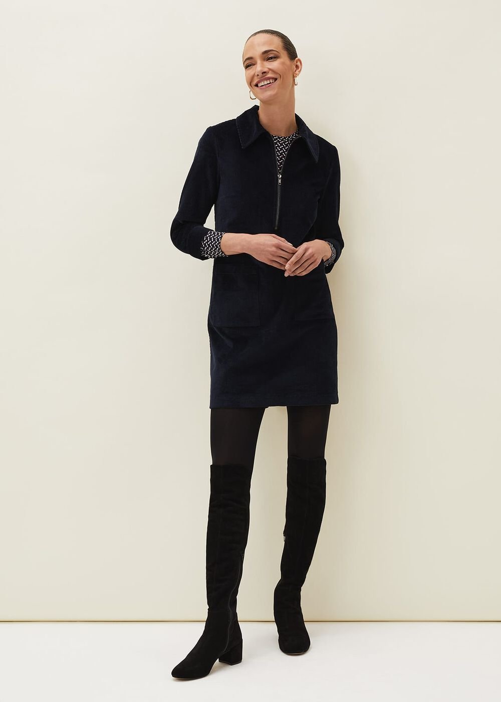 Kirsty Corduroy Zip Front Dress Navy