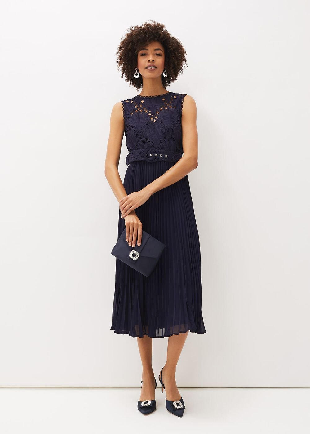 Amora Lace Bodice Pleated Dress Navy