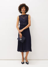 Amora Lace Bodice Pleated Dress Navy