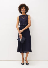 Amora Lace Bodice Pleated Dress Navy
