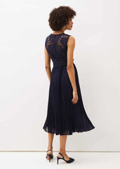 Amora Lace Bodice Pleated Dress Navy