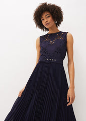 Amora Lace Bodice Pleated Dress Navy