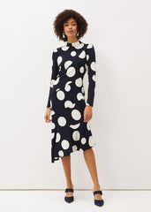 Gabi Spot Print Asymmetric Hem Dress Navy/Ivory