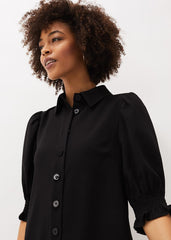 Button Down Puff Sleeve Midi Dress in Black Black