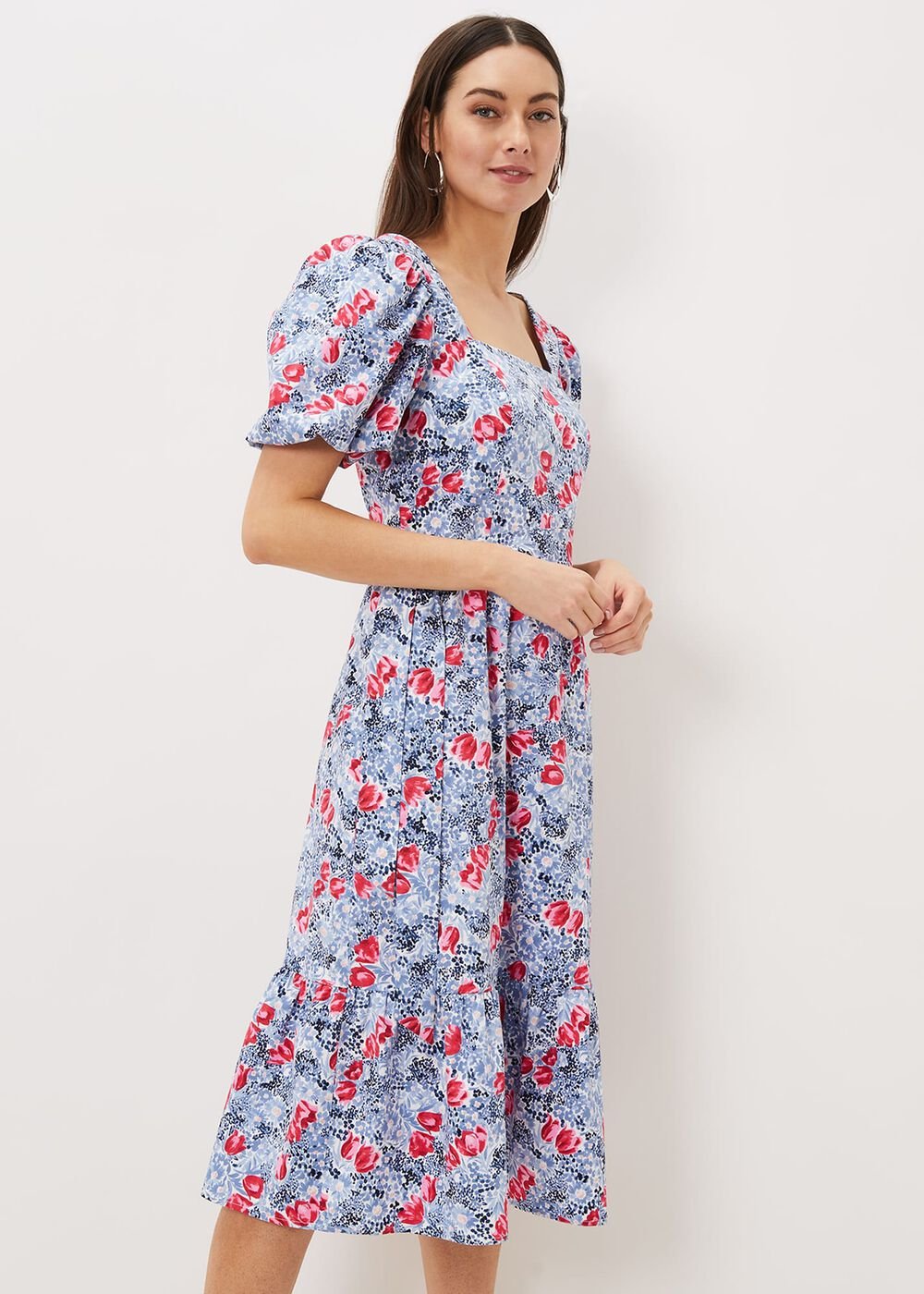 Abbiana Cotton Floral Midi Dress Multi-Coloured