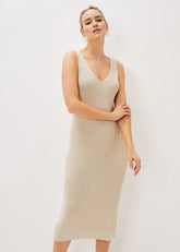 Lindan Ribbed Knit Midi Dress Stone