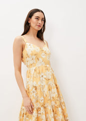 Elaina Cotton Floral Tiered Midi Dress Yellow/Multi