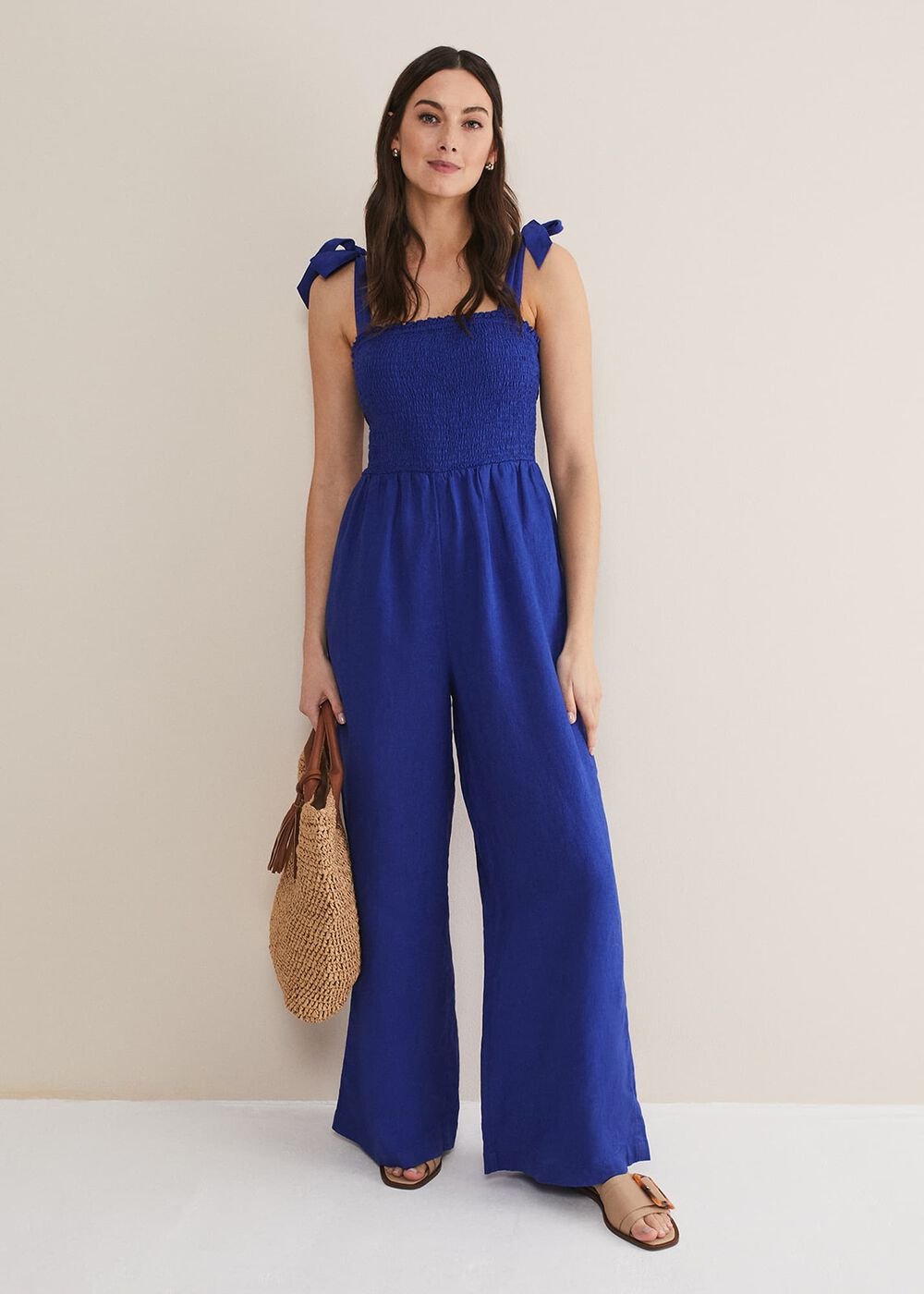 Ona Linen Shirred Wide Leg Jumpsuit Cobalt