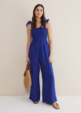 Ona Linen Shirred Wide Leg Jumpsuit Cobalt