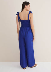 Ona Linen Shirred Wide Leg Jumpsuit Cobalt