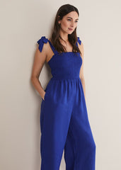 Ona Linen Shirred Wide Leg Jumpsuit Cobalt