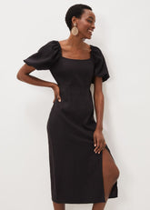 Effie Linen Puff Sleeve Dress Black