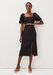 Effie Linen Puff Sleeve Dress Black