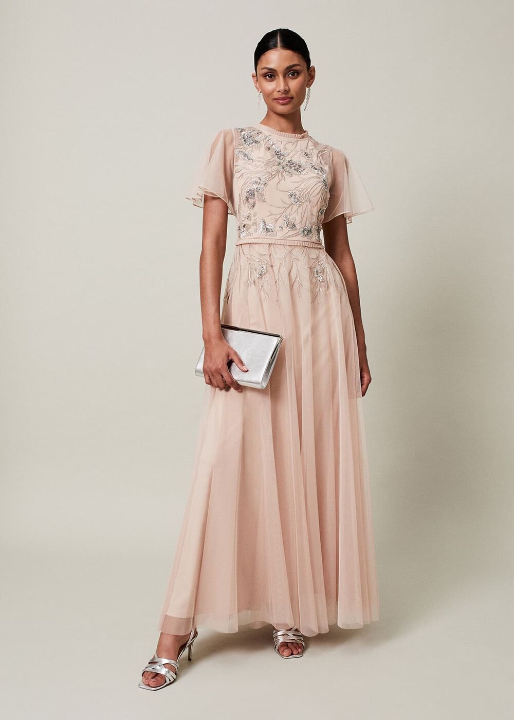 Zena Beaded Tulle Maxi Dress Pale Pink/Silver
