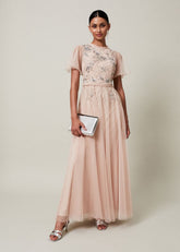 Zena Beaded Tulle Maxi Dress Pale Pink/Silver