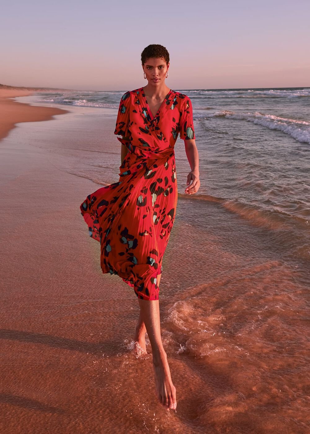 Kendall Butterfly Print Pleated Midi Dress Vermillion/multi