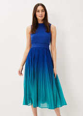 Cobalt Blue Ombre Midi Dress with Pleated Skirt Cobalt/Malachite