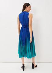 Cobalt Blue Ombre Midi Dress with Pleated Skirt Cobalt/Malachite