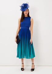 Cobalt Blue Ombre Midi Dress with Pleated Skirt Cobalt/Malachite