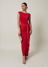 Red Asymmetrical Evening Gown with Ruched Detailing Scarlet