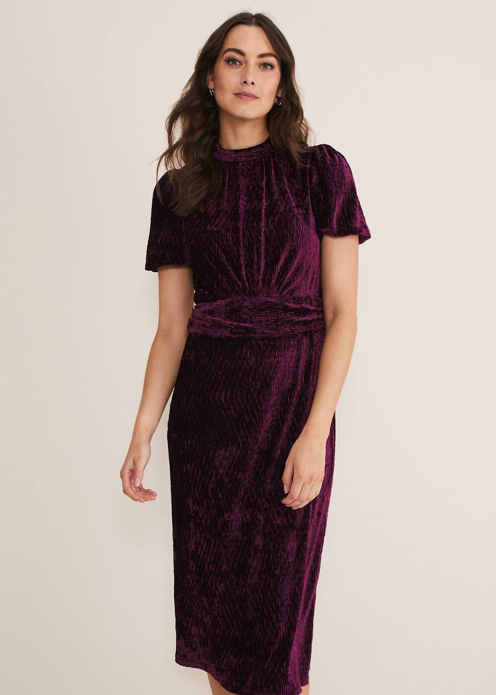 Kaylee Velvet Pleat Dress BLUE/CAMEL/PINK