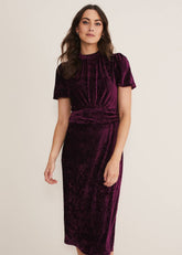 Kaylee Velvet Pleat Dress BLUE/CAMEL/PINK