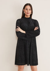 Kirsta Flock Velvet Swing Dress Black