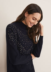 Helena Gold Stud Knit Dress Midnight