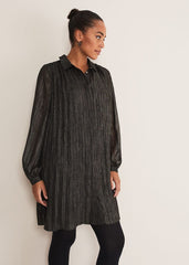 Tanya Foil Pleated Shirt Dress Black/Pewter