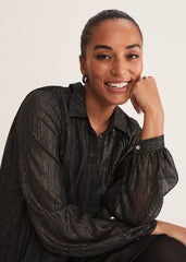 Tanya Foil Pleated Shirt Dress Black/Pewter