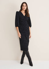 Addison Check Ruched Dress Black/Blue