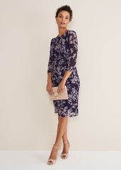 Purple Floral Mesh Midi Dress Latte/Navy