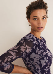 Purple Floral Mesh Midi Dress Latte/Navy