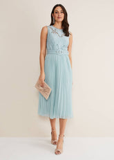 Light Blue Lace Bodice Midi Dress with Adjustable Belt Peppermint