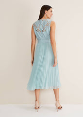 Light Blue Lace Bodice Midi Dress with Adjustable Belt Peppermint